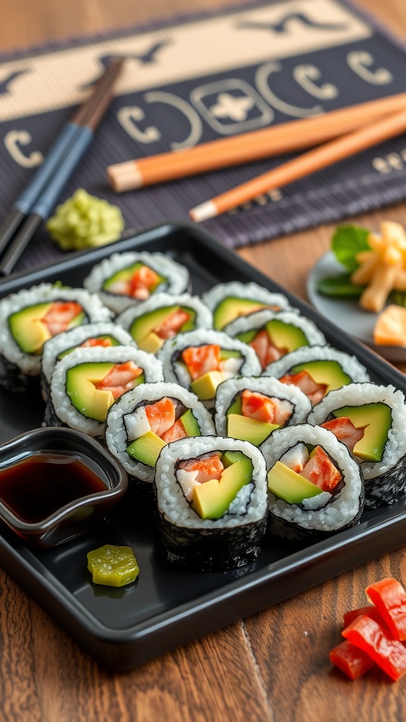 Homemade California rolls with avocado, crab, and cucumber on a plate with soy sauce and garnishes.